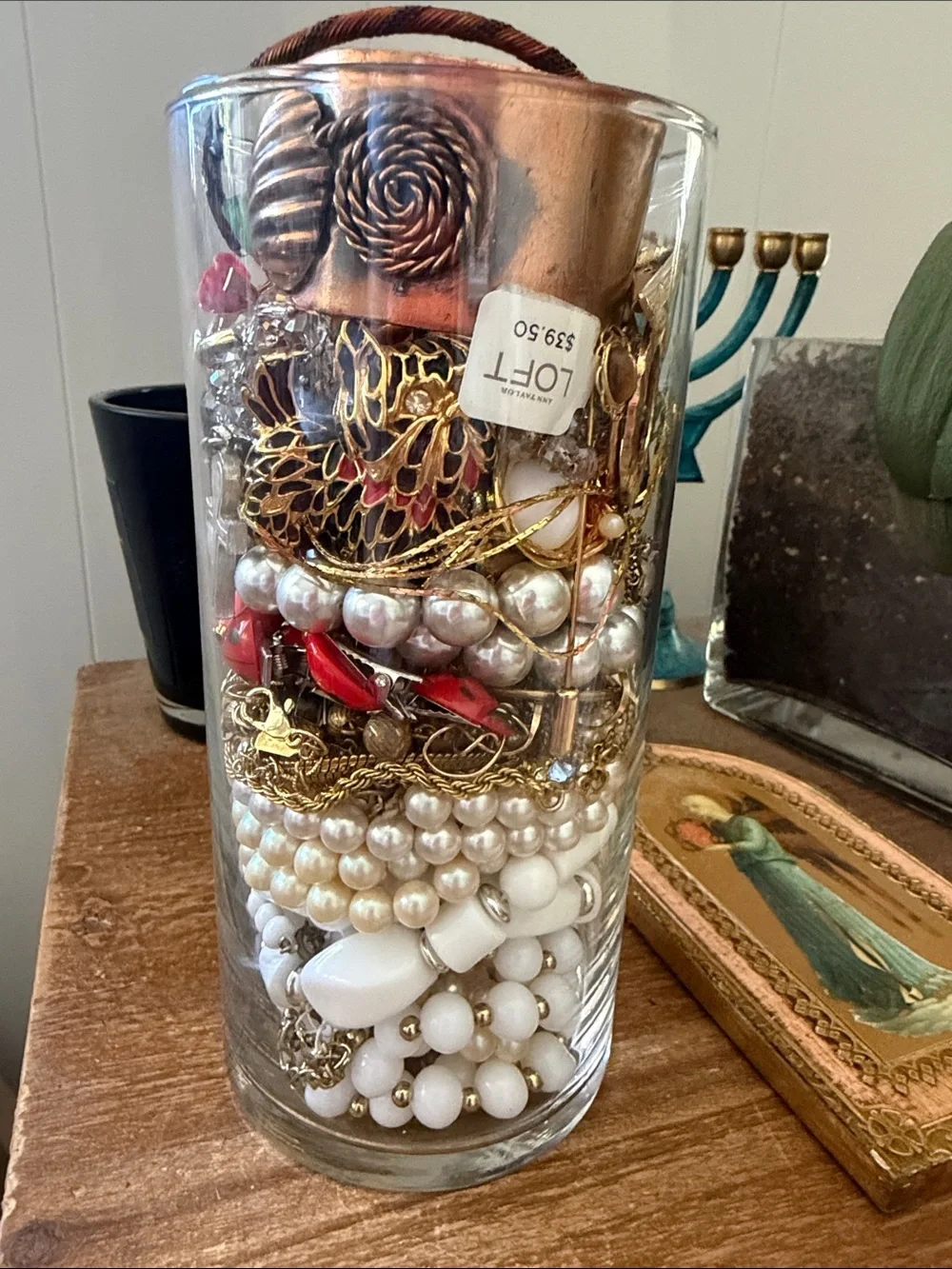 Vintage Romance Mystery Jewelry Jar – Pearls, Florals, Rhinestones & Golden Trea